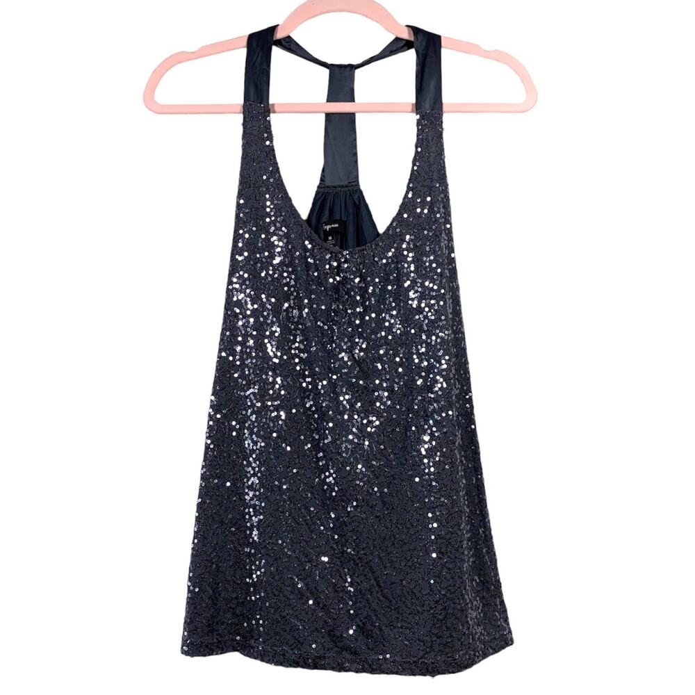 EXPRESS Gray Sequin Sleeveless Blouse Medium